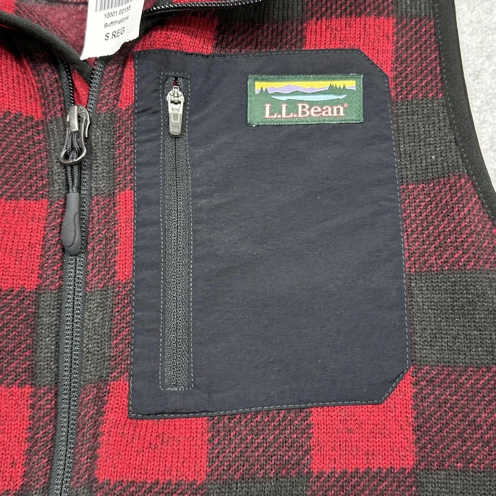 LL Bean Sweater Fleece Long Vest Womens Small Red Buffalo Plaid Full Zip Pockets